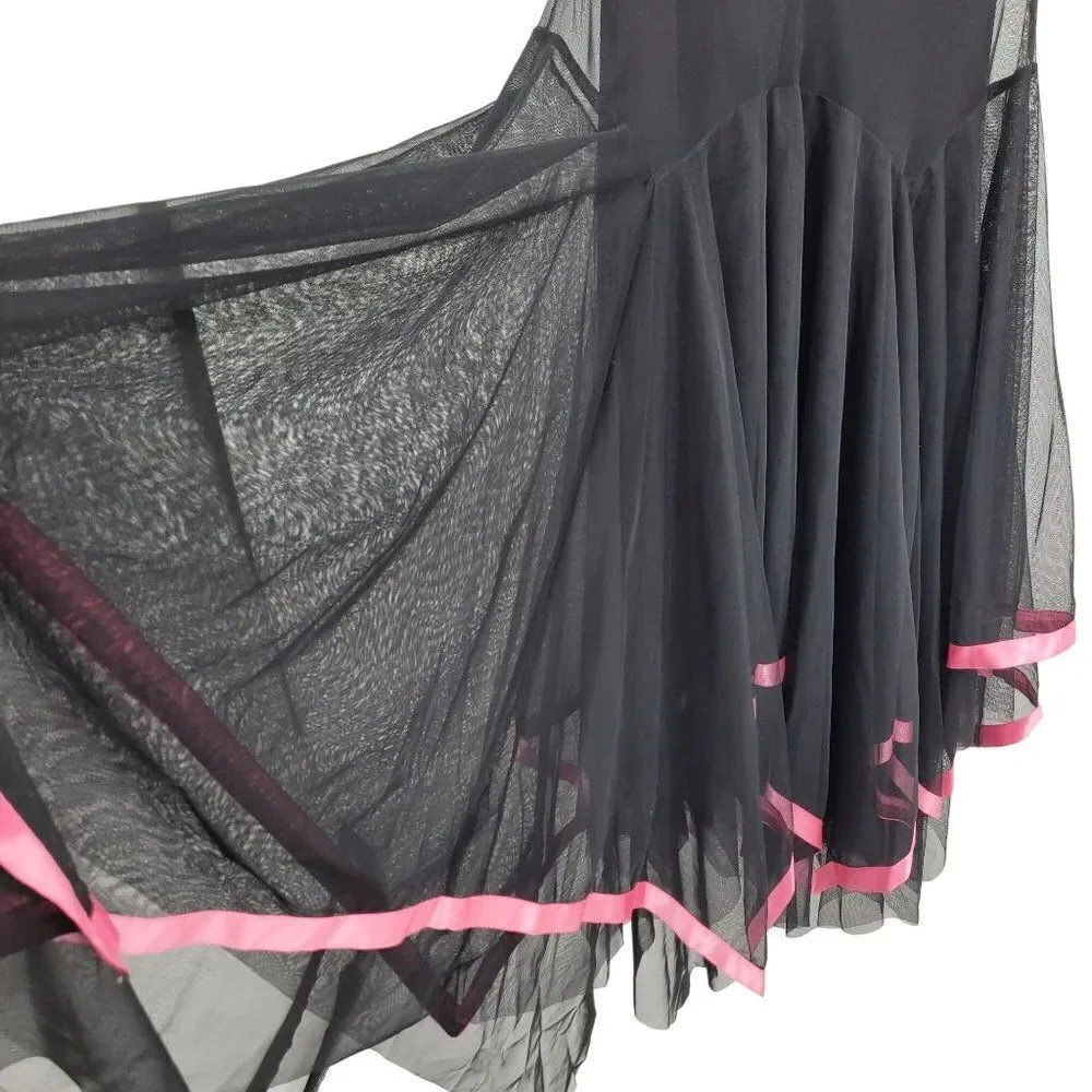 Vintage 90s Midi Dress M Black Mesh Overlay Pink Ribbon Trim Scarf Hem Goth - Picture 6 of 13